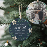 Bright Boughs | First Married Christmas Photo Ceramic Ornament<br><div class="desc">Celebrate your first Christmas as a married couple with this charming and festive ornament. Design features "first married Christmas" and the year in white lettering, surrounded by ivory poinsettia flowers and green holiday foliage on a rich navy blue background. Add a photo to the back with matching holiday botanical embellishments....</div>