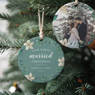 Bright Boughs   First Married Christmas Photo Ceramic Ornament