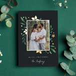 Bright Boughs Vertical Photo Botanical Christmas Foil Holiday Card<br><div class="desc">Elegant and festive holiday photo card frames your favourite vertical or portrait orientated image with a subtle deckled edge border and gold foil and green holiday foliage peeking out at the corners. "Merry Christmas" or your choice of greeting appears beneath,  along with your family name.</div>