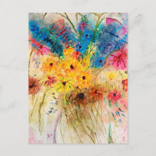 Bright bouquet with butterflies. watercolor postcard
