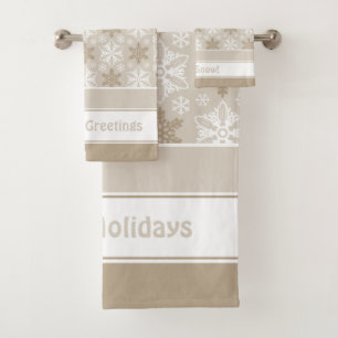 Bright Brown Tan Winter White Snowflake Pattern Bath Towel Set