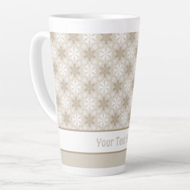 Bright Brown Tan Winter White Snowflake Pattern Latte Mug (Left Angle)