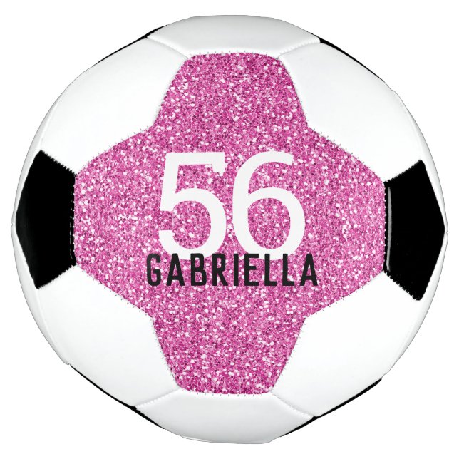 Bright Bubblegum Pink Sparkly Number and Name Soccer Ball (Rotated)