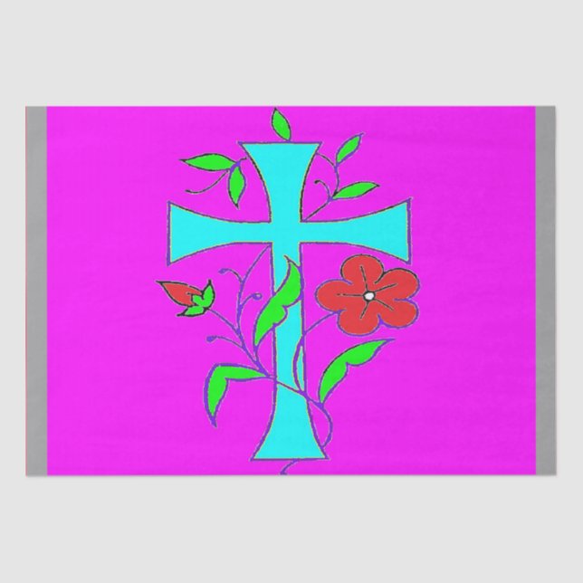 BRIGHT BUSY CROSS DESIGN WITH FLOWERS TISSUE PAPER (Front)