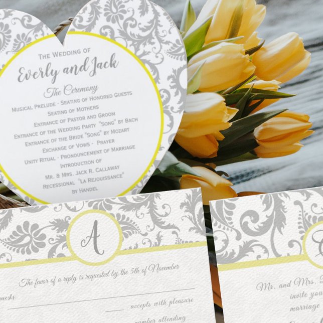 Bright Canary Yellow & Grey Damask Wedding Program Hand Fan (Creator Uploaded)