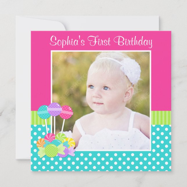 Bright Candy Polka Dot Girl 1st Birthday Photo Invitation (Front)
