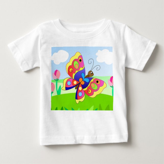 bright cartoon butterfly on a field among flowers baby T-Shirt (Front)