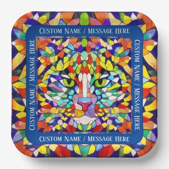 Bright Cat's Face in Rainbow Colours - Custom Name Paper Plate (Front)