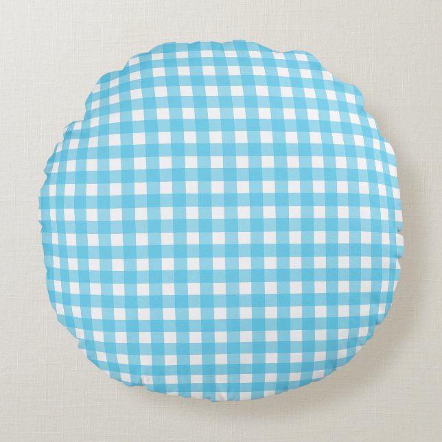 Bright cerulean blue gingham round cushion (Front)