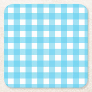 Bright cerulean blue gingham square paper coaster