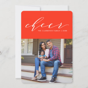 Bright cheer fun script red holiday photo card