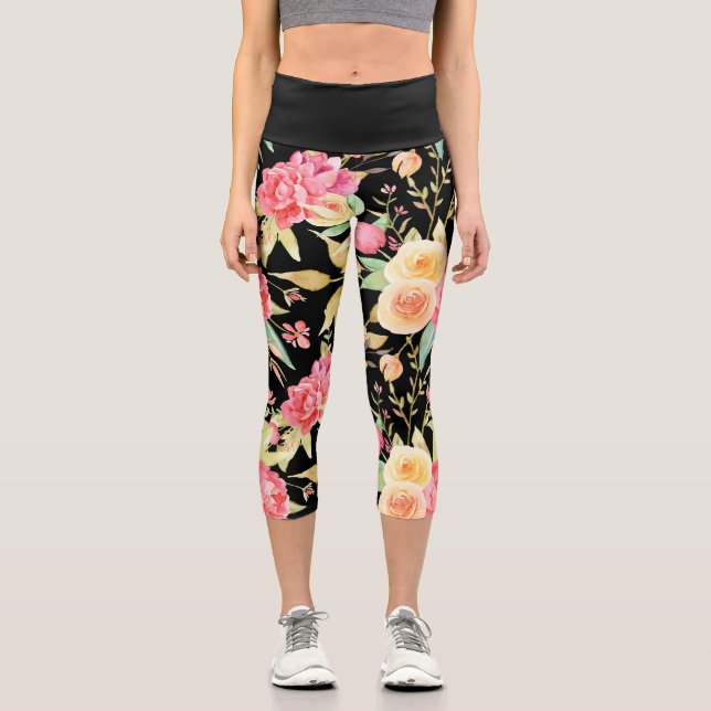 Bright  & Cheerful Flower Pattern on Black Capri Leggings (Front)
