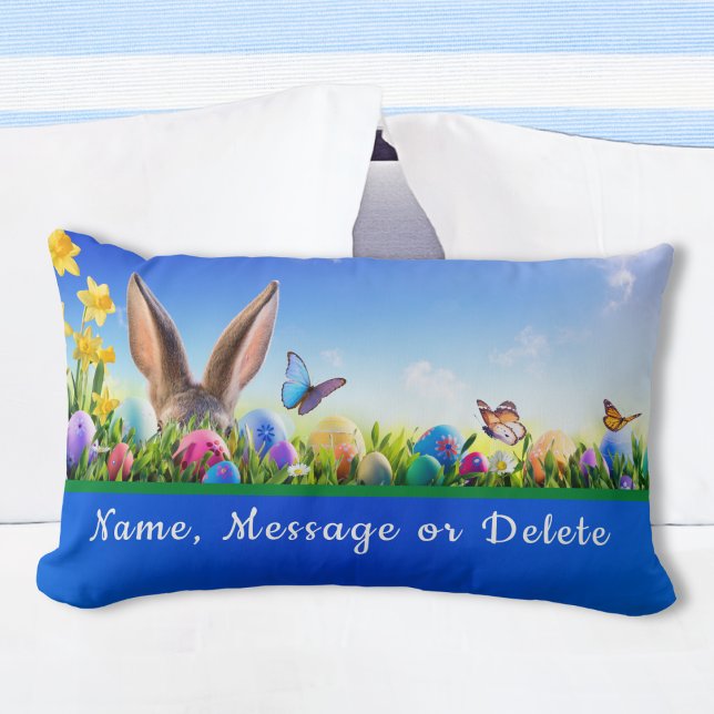 Bright Cheerful Personalised Easter Lumbar Pillow (Easter Lumbar Pillows. Easter gifts for tweens, teenagers, kids, girls, boys. Easter Bunny Pillows.)