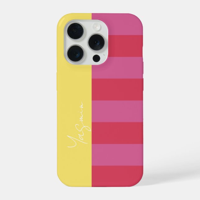 Bright Cheerful pink and yellow striped design iPhone Case (Back)