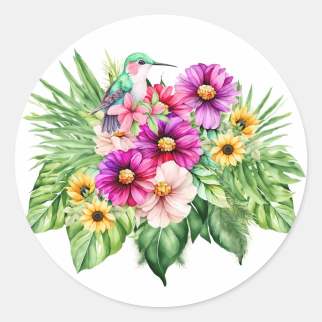 Bright Cheerful Sunflowers and Tropical Flowers  Classic Round Sticker (Front)