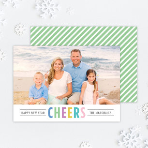 Bright Cheers Green Stripe Photo Happy New Year Holiday Card