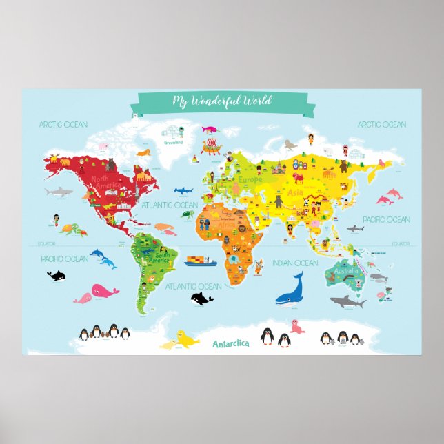 Bright Children World Map with Illustrations Poster (Front)