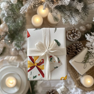 Bright Christmas Gift Boxes & Evergreen Leaves Wrapping Paper