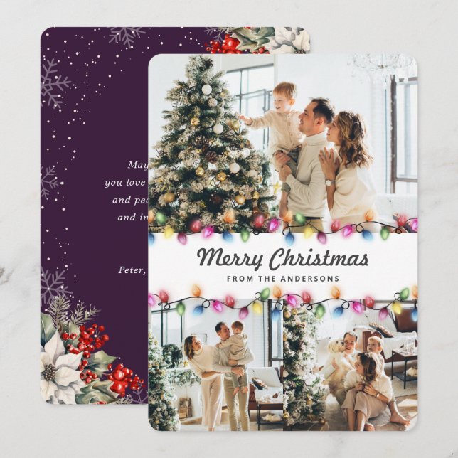 Bright Christmas Lights Purple Botanical Photo Holiday Card (Front/Back)