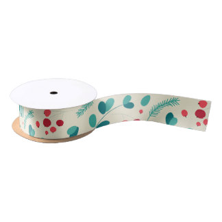 Bright Christmas Mistletoe and Leaf Pattern Satin Ribbon