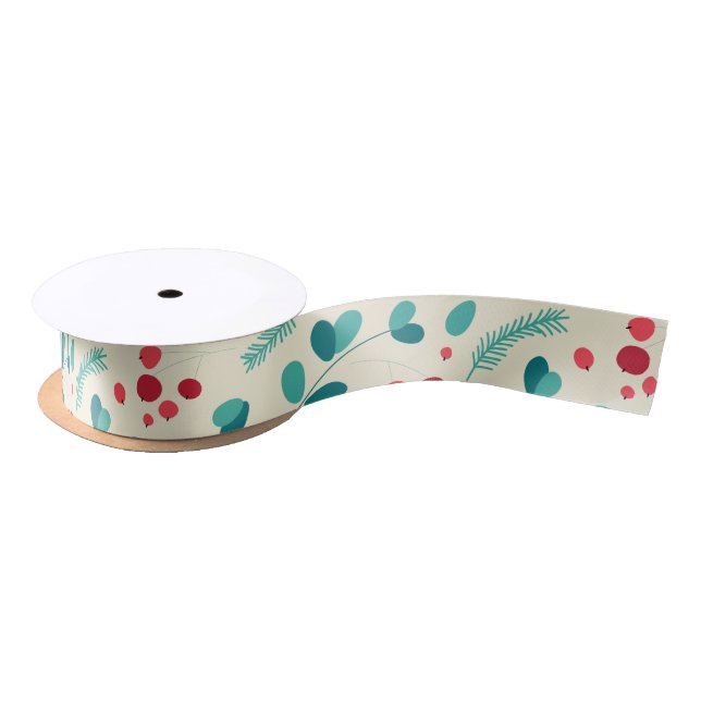 Bright Christmas Mistletoe and Leaf Pattern Satin Ribbon (Spool)