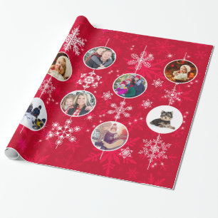 Bright Christmas Red Family Photos and Snowflakes Wrapping Paper