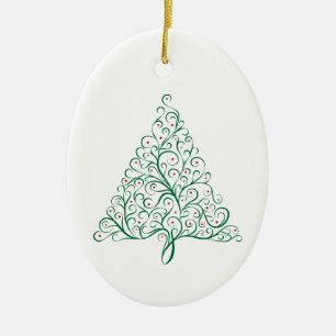 Bright Christmas Tree Scroll in Red and Green Ceramic Ornament