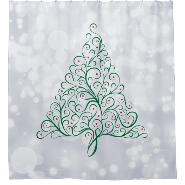 Bright Christmas Tree Scroll in Red and Green Shower Curtain (Front)