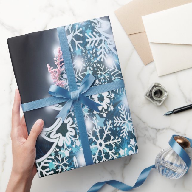 Bright Christmas Tree, White snowflakes, Blue Wave Wrapping Paper (Gifting)