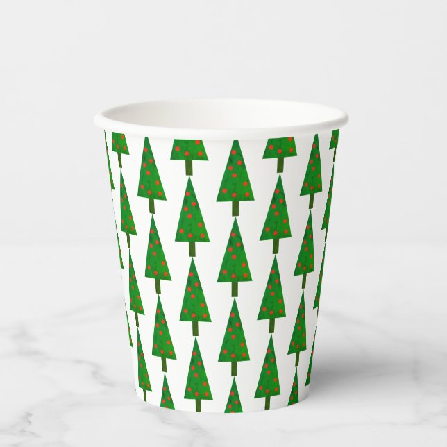 Bright Christmas Trees on White Paper Cups (Front)