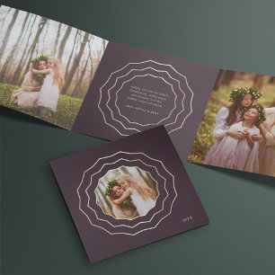 Bright Circle Elegant Burgundy & Gold Photo Tri-Fold Holiday Card