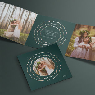 Bright Circle   Elegant Hunter Green & Gold Photo Tri-Fold Holiday Card