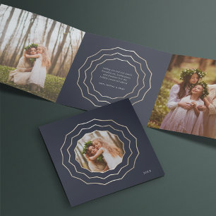 Bright Circle Elegant Navy & Gold Photo Tri-Fold Holiday Card