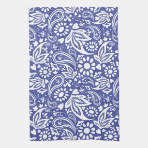 Bright Classic Blue and White Paisley Design Tea Towel
