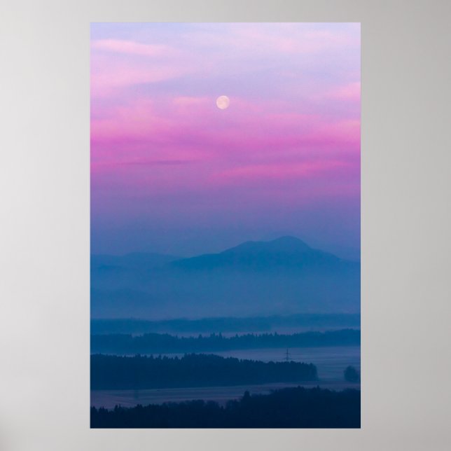 Bright clouds and moon at sunrise poster (Front)