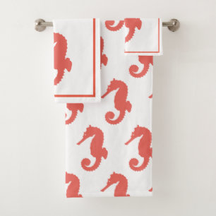 Bright Coastal Coral Pink Seahorses Bath Towel Set