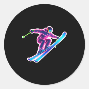 Bright color skiing art ski lover skier winter classic round sticker