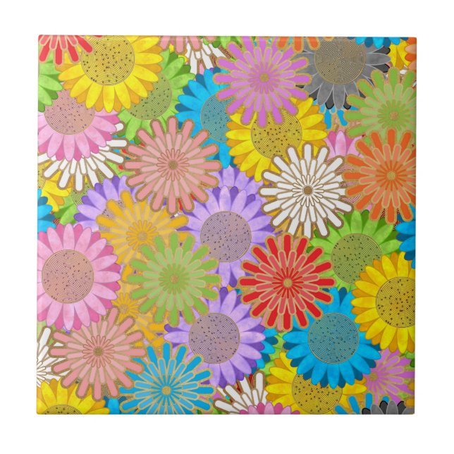 Bright Colorful Busy Chaotic Hippy Flower Pattern Ceramic Tile (Front)