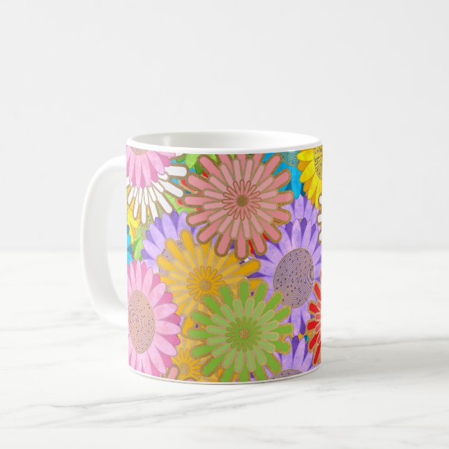 Bright Colorful Busy Chaotic Hippy Flower Pattern Coffee Mug (Front Left)