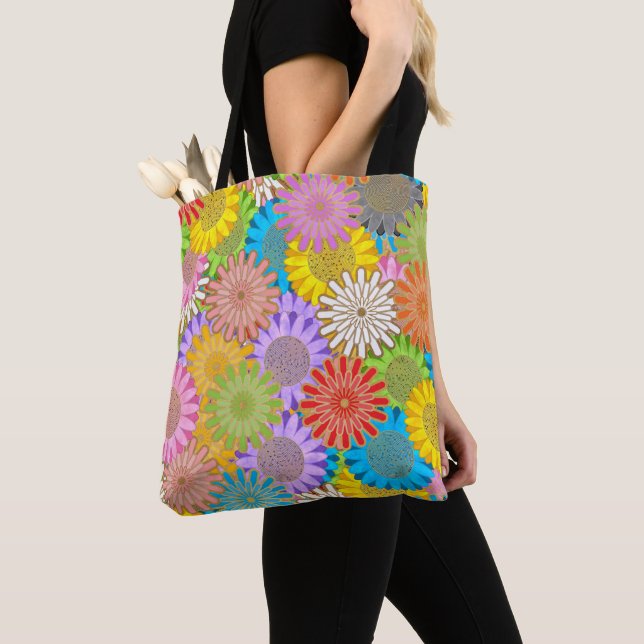 Bright Colorful Busy Chaotic Hippy Flower Pattern Tote Bag (Close Up)