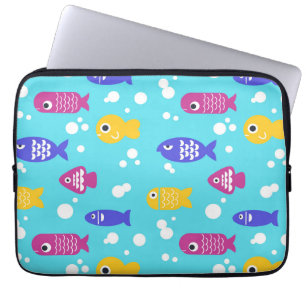 Bright Colorful Cartoon Fish Pattern Blue Laptop Sleeve