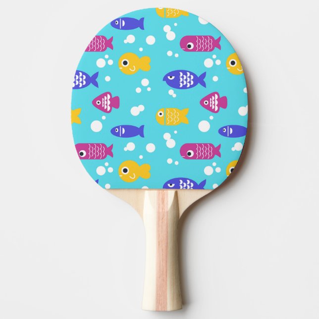 Bright Colorful Cartoon Fish Pattern Blue Ping Pong Paddle (Front)