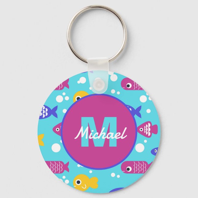 Bright Colorful Cartoon Fish Pattern Kids Name Key Ring (Front)