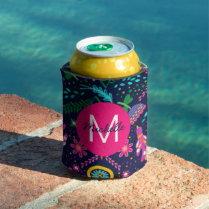 Bright Colorful Chaotic Floral Blue Personalised Can Cooler