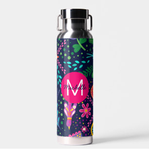 Bright Colorful Chaotic Floral Blue Personalised Water Bottle