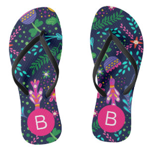 Bright Colorful Chaotic Floral Dark Blue Monogram Thongs
