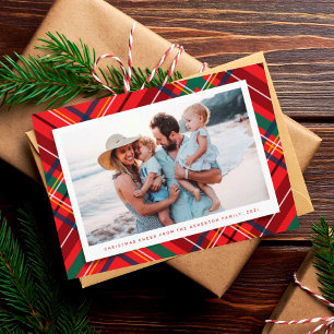 Bright colorful Christmas plaid one photo Holiday Card