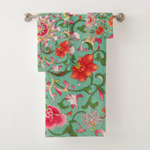 Bright Colorful Elegant Asian Floral Chinoiserie Bath Towel Set