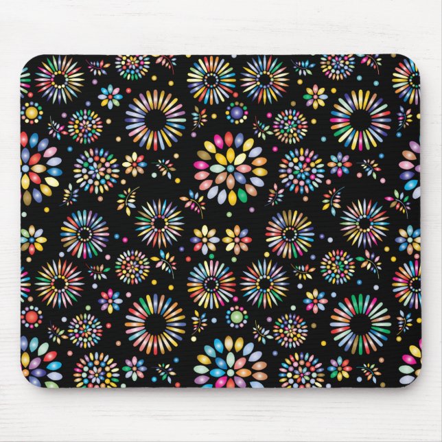 Bright Colorful Flower Circles on Black Mouse Pad (Front)