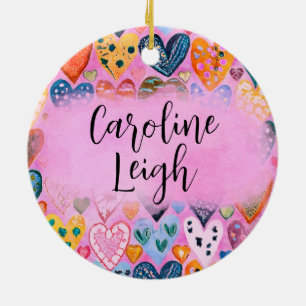 Bright Colorful Hearts Personalized Nursery  Ceramic Ornament